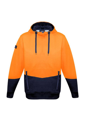 A unisex hi-vis textured jacquard hoodie in bright orange and navy, featuring a front pouch and a logo on the sleeve. A unisex hi-vis textured jacquard hoodie in bright orange and navy, featuring a front pouch and a logo on the sleeve.