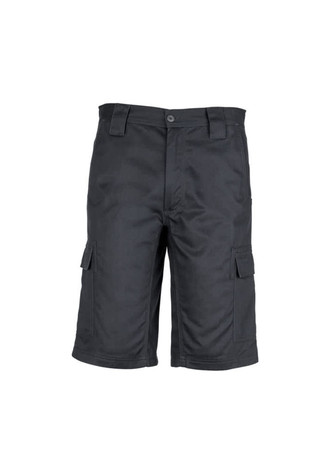 Men's midweight drill cargo shorts in black featuring side pockets and a waistband with belt loops. Men's midweight drill cargo shorts in black featuring side pockets and a waistband with belt loops.