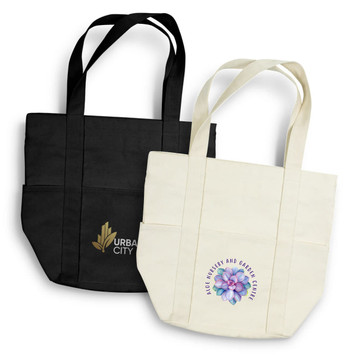 Two canvas tote bags are displayed, one black with a logo and one cream with a floral design.