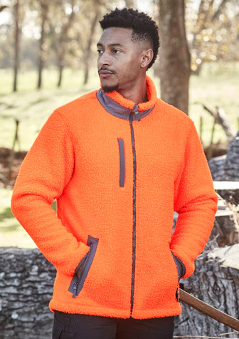 Unisex Streetworx Full Zip Sherpa Fleece in bright orange with dark accents and a zippered front, featuring pockets. Unisex Streetworx Full Zip Sherpa Fleece in bright orange with dark accents and a zippered front, featuring pockets.
