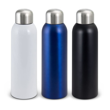 A drink bottle set featuring three stainless steel bottles in white, blue, and black, each with a silver cap. A drink bottle set featuring three stainless steel bottles in white, blue, and black, each with a silver cap.