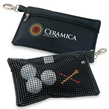 A black microfibre accessories bag with a logo, featuring a zippered compartment and a mesh side holding golf balls and tees. A black microfibre accessories bag with a logo, featuring a zippered compartment and a mesh side holding golf balls and tees.