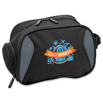A black toiletry bag with grey accents and a logo featuring travel-themed icons. Zippered compartments are visible. A black toiletry bag with grey accents and a logo featuring travel-themed icons. Zippered compartments are visible.