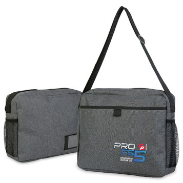 A grey satchel bag with an adjustable strap, featuring a front pocket and mesh side pockets. Includes a logo.