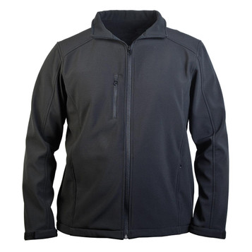 A black softshell jacket featuring a zip closure and zippered chest pocket, with a logo on the chest. A black softshell jacket featuring a zip closure and zippered chest pocket, with a logo on the chest.
