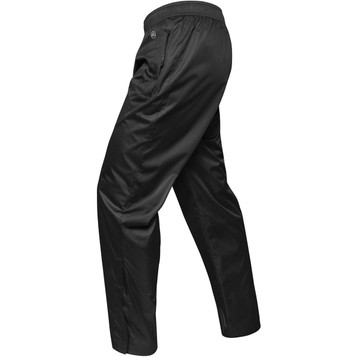 Men's black track pants featuring a relaxed fit and an elastic waistband, with a logo present on the fabric. Men's black track pants featuring a relaxed fit and an elastic waistband, with a logo present on the fabric.