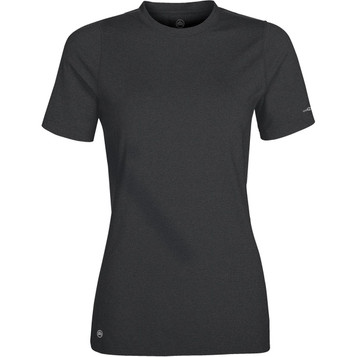 A short-sleeved women's t-shirt in dark grey with a logo on one sleeve. A short-sleeved women's t-shirt in dark grey with a logo on one sleeve.