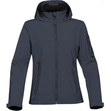 A women's softshell jacket in dark navy, featuring a hood and multiple zippered pockets, with a logo on the sleeve.