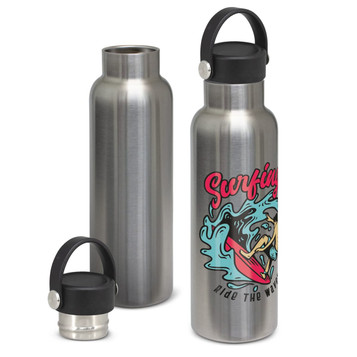 A drink bottle in stainless steel with a black carry lid, featuring a colourful surfing design. A drink bottle in stainless steel with a black carry lid, featuring a colourful surfing design.