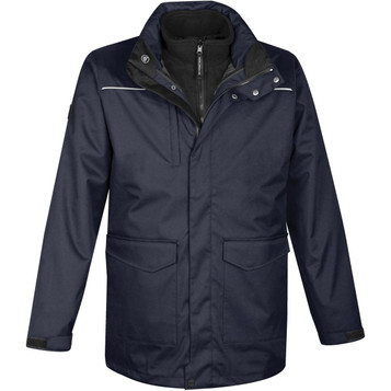 A navy blue men's 3-in-1 parka jacket with multiple pockets and a branded logo. A navy blue men's 3-in-1 parka jacket with multiple pockets and a branded logo.