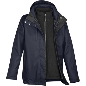 A navy women's parka featuring a removable black fleece liner and a hood, designed as a 3-in-1 rain jacket. A navy women's parka featuring a removable black fleece liner and a hood, designed as a 3-in-1 rain jacket.
