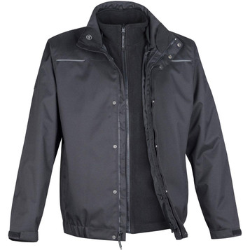 A black 3-in-1 jacket featuring a detachable inner fleece layer and a logo on the sleeve. A black 3-in-1 jacket featuring a detachable inner fleece layer and a logo on the sleeve.