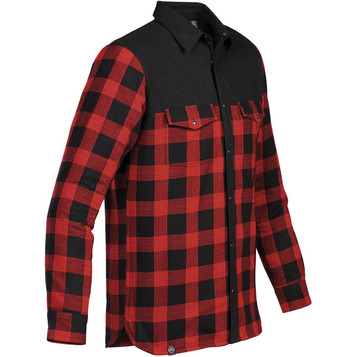 A red and black checked button-up thermal shirt with a black upper section and two chest pockets, featuring a logo. A red and black checked button-up thermal shirt with a black upper section and two chest pockets, featuring a logo.