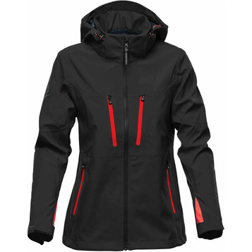 A women's softshell jacket in black with red accents, featuring a hood and two front zip pockets.