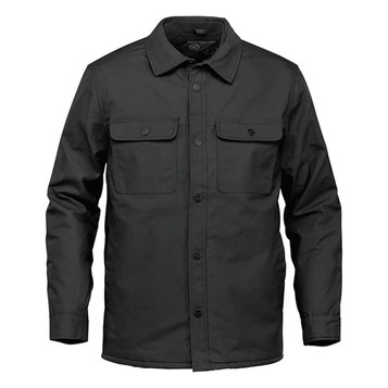 A Men's Tradesmith Jacket in black, featuring a button-up front and two chest pockets. Includes a logo on the chest.