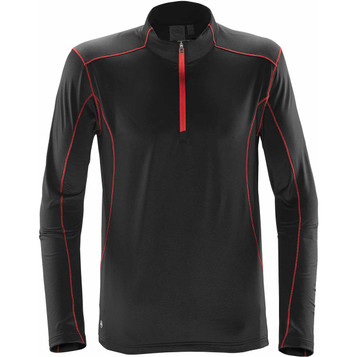 A black pullover with red piping, featuring a half zip and long sleeves, designed in polar fleece material.
