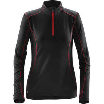 A women's black fleece pullover with red accents and a quarter zip, featuring long sleeves and a logo.