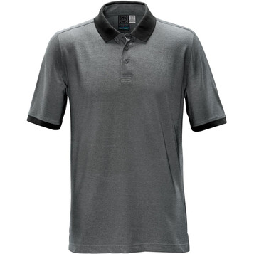 A dark grey polo shirt with a black collar and trim, featuring a logo on the upper chest.