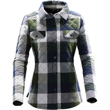 A women's quilted shacket featuring a green, navy, and white plaid pattern, with two front pockets and a collar.
