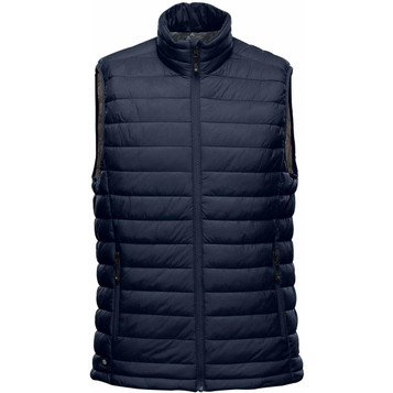 A navy thermal vest featuring a high neckline and horizontal quilted design. It has a logo on it. A navy thermal vest featuring a high neckline and horizontal quilted design. It has a logo on it.
