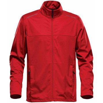 A red lightweight softshell jacket with a zip front, high collar, and two side pockets. Features a logo on the chest. A red lightweight softshell jacket with a zip front, high collar, and two side pockets. Features a logo on the chest.