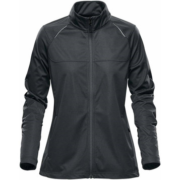 A women's lightweight softshell jacket in dark grey, featuring long sleeves and a zip front, with a collar and branding. A women's lightweight softshell jacket in dark grey, featuring long sleeves and a zip front, with a collar and branding.