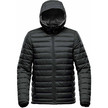 A men's thermal jacket in dark green with a hood, featuring a quilted design and front zipper. Includes a logo. A men's thermal jacket in dark green with a hood, featuring a quilted design and front zipper. Includes a logo.
