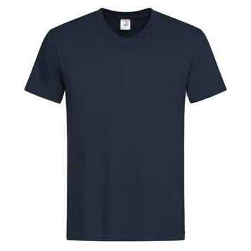 A navy blue men's classic V-neck T-shirt with short sleeves. The shirt features a label and has a simple design.