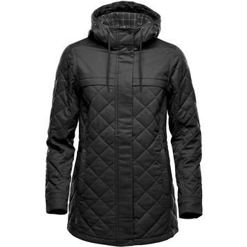 A women's black Bushwick quilted puffer jacket with a hood and diamond stitching design. Features a logo on the jacket. A women's black Bushwick quilted puffer jacket with a hood and diamond stitching design. Features a logo on the jacket.