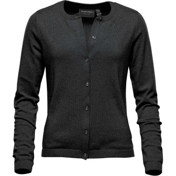 A black women's cardigan featuring a button-up front and long sleeves, with a logo on the tag. A black women's cardigan featuring a button-up front and long sleeves, with a logo on the tag.