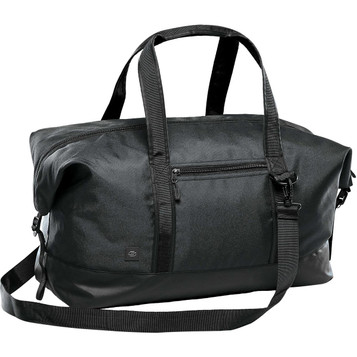 A black duffle bag with sturdy handles, a detachable strap, and a zippered front pocket, featuring a logo. A black duffle bag with sturdy handles, a detachable strap, and a zippered front pocket, featuring a logo.