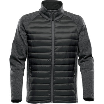 A men's hybrid jacket in dark grey with a quilted front and knit sleeves. Features a full zip and two side pockets.
