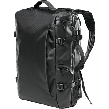 A black backpack with multiple compartments and straps, featuring a logo on the front. A black backpack with multiple compartments and straps, featuring a logo on the front.