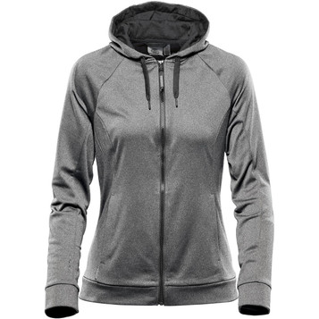 A grey women's hoody features a zip front, adjustable hood, and has a logo. Perfect for casual wear.