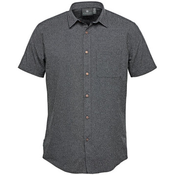 A short-sleeve, button-up shirt in a dark grey colour with a single chest pocket and branded label.