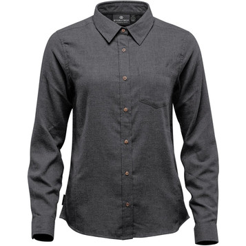 A women's button-up shirt in charcoal grey featuring long sleeves and a chest pocket, with a branded label. A women's button-up shirt in charcoal grey featuring long sleeves and a chest pocket, with a branded label.