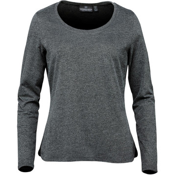 A long-sleeve women's T-shirt in a dark grey colour with a rounded neckline and a subtle logo. A long-sleeve women's T-shirt in a dark grey colour with a rounded neckline and a subtle logo.