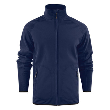 A navy softshell fleece hybrid jacket with a zip front and side pockets. Features a logo on the chest.