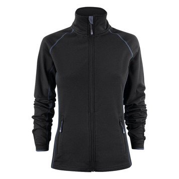 A women's black fleece jacket with a zip front, side pockets, and a high collar, featuring contrast stitching and branding. A women's black fleece jacket with a zip front, side pockets, and a high collar, featuring contrast stitching and branding.