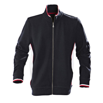 A navy unisex jacket features a zip front, red and white accents, and a stand-up collar. It has a logo on it. A navy unisex jacket features a zip front, red and white accents, and a stand-up collar. It has a logo on it.