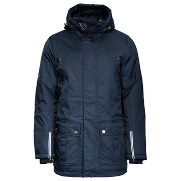 A navy blue unisex parka jacket with a hood, featuring multiple pockets and a logo. A navy blue unisex parka jacket with a hood, featuring multiple pockets and a logo.