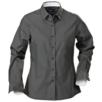 A dark grey button-up blouse with long sleeves and contrasting white cuffs. Features a collar and a front button placket.