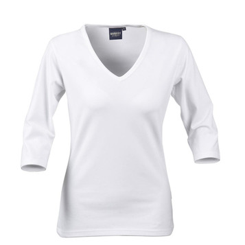 A white women's V-neck 3/4 sleeve tee with a fitted style and a logo on the neckline.