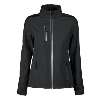 A black women's softshell jacket with a high collar, zippered pockets, and a front zipper. It features a logo. A black women's softshell jacket with a high collar, zippered pockets, and a front zipper. It features a logo.