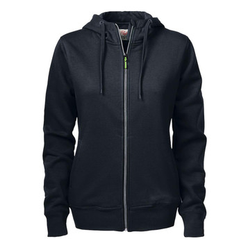 A women's overhead hoodie in black with a zip front, featuring a hood and long sleeves. It has a logo. A women's overhead hoodie in black with a zip front, featuring a hood and long sleeves. It has a logo.