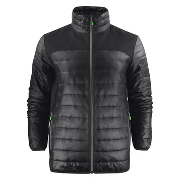 A unisex lightweight jacket in black with green accents and a zip front, featuring a padded design and a logo. A unisex lightweight jacket in black with green accents and a zip front, featuring a padded design and a logo.