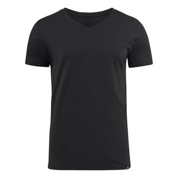 A black men's V-neck T-shirt featuring short sleeves and a logo on the hem. A black men's V-neck T-shirt featuring short sleeves and a logo on the hem.