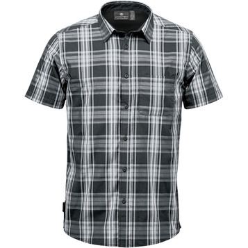 A short-sleeved button-up shirt in a black and white plaid pattern, featuring a pocket and a logo.