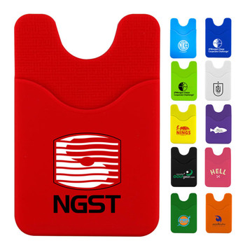 A red phone wallet with a logo, featuring a slot for cards and available in various colours. A red phone wallet with a logo, featuring a slot for cards and available in various colours.
