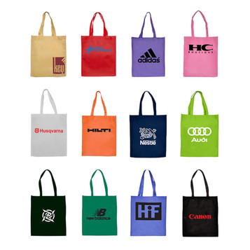 A collection of tote bags in various colours, featuring different logos and brands, arranged in a grid pattern. A collection of tote bags in various colours, featuring different logos and brands, arranged in a grid pattern.